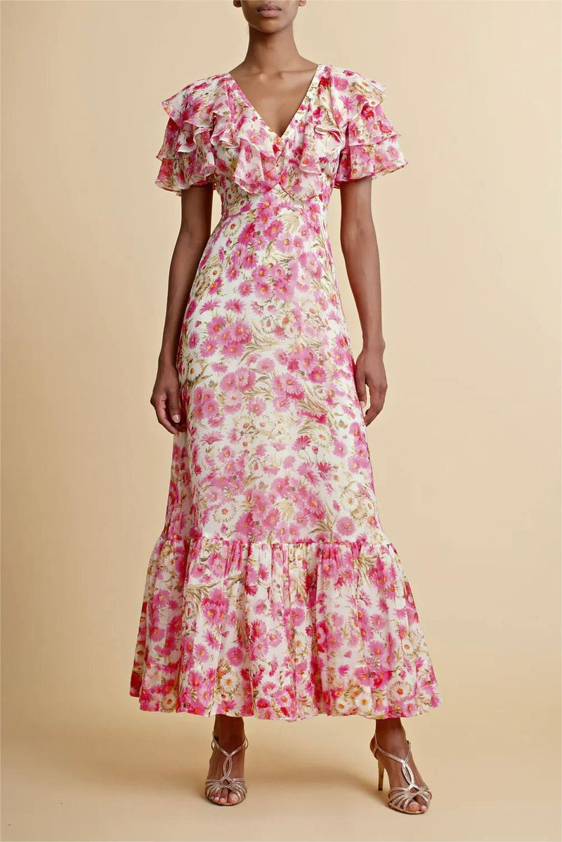 V-neck Ruffle Hem Lace Up Maxi Dress