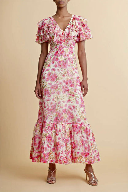 V-neck Ruffle Hem Lace Up Maxi Dress