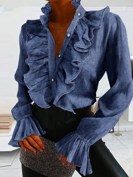 Flared Sleeves Falbala Color Stand Collar Blouses&shirts Tops