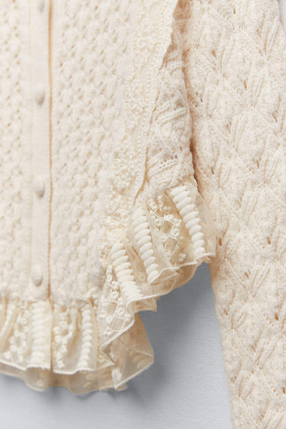 Cropped Knit Buttoned Lace Trim Cardigan White