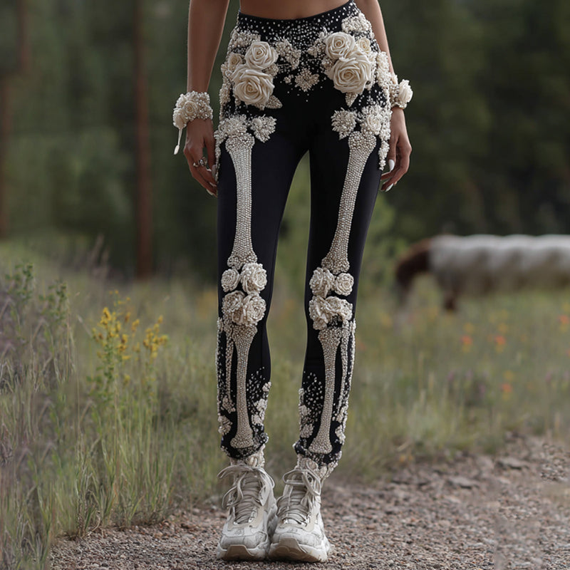 Vintage Halloween Skeleton Bones With Rose Art Cozy Knit Leggings artswardrobe