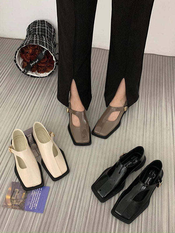 Buckle Hollow Split-joint Square-toe Flat Shoes Loafers