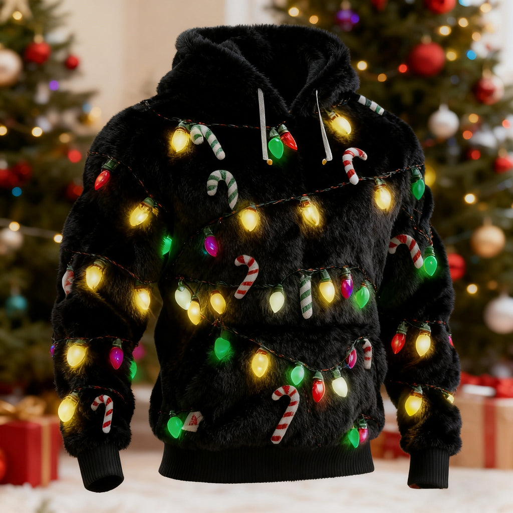 Comstylish Men's Ugly Christmas Lights Pattern Flannel Hoodie