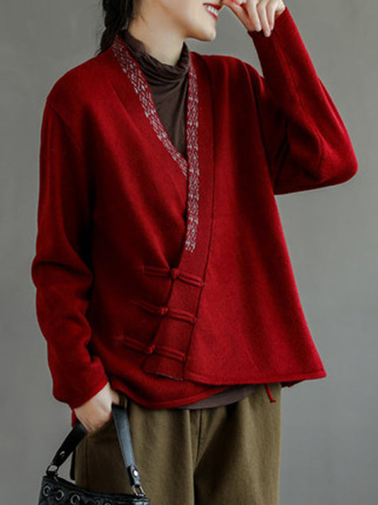 Color Embroidered Wool Blend Cardigan Top