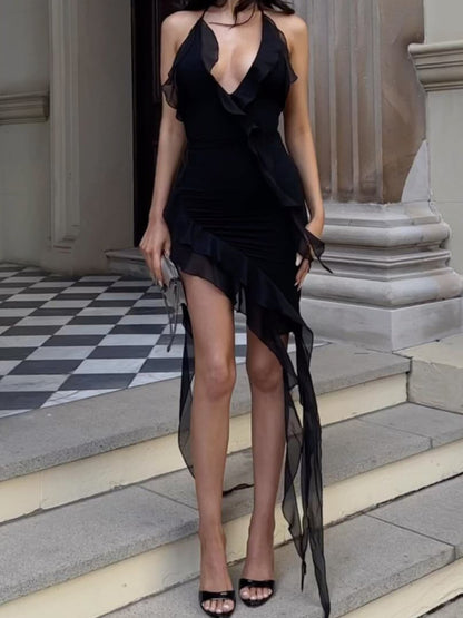 Taruxy Deep V Neck Bodycon Dress Ruffles Drape Asymmetrical High Waist Dresses Beach Holiday Mini Dress