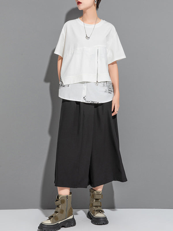 False Two Loose Printing Split-joint Round-neck T-shirts Tops
