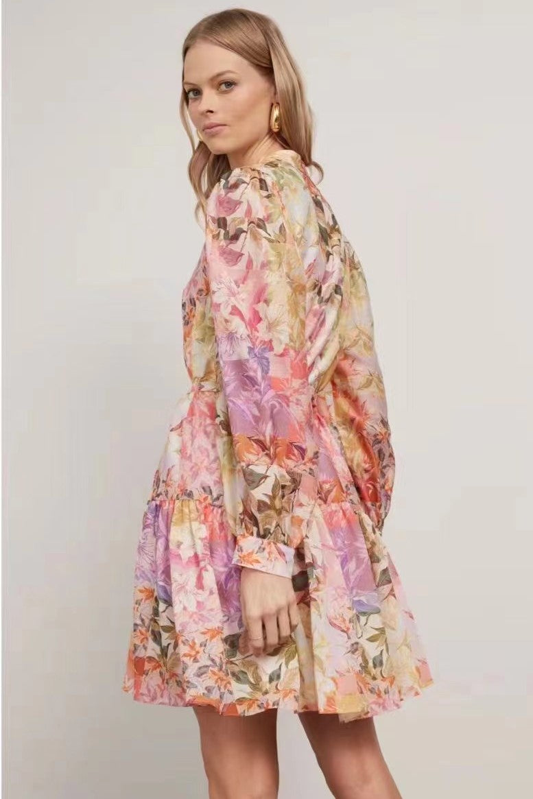 Pleat Single Breasted Lantern Sleeve Mini Dress With Belt