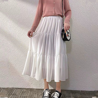 Summer Chiffon Skirts High Waist Elastic Patchwork White Black Mid Length Cake A-line Skirt for Student