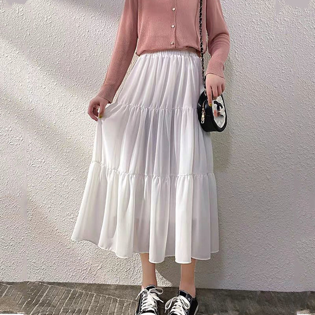 Summer Chiffon Skirts High Waist Elastic Patchwork White Black Mid Length Cake A-line Skirt for Student