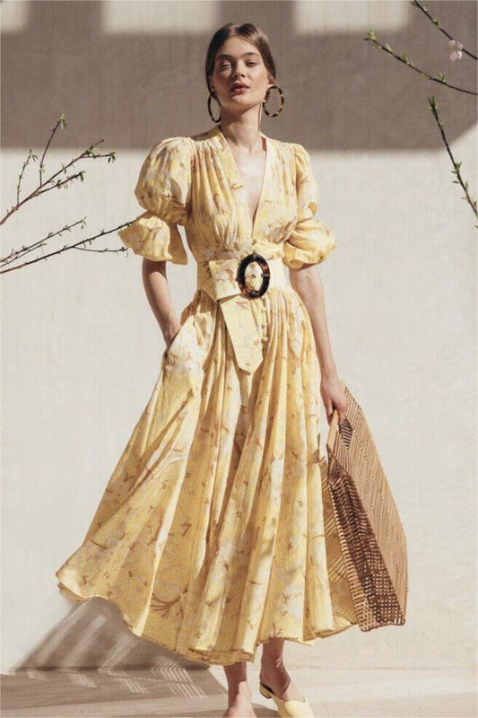 Chiffon V-neck Midi Dress With Belt