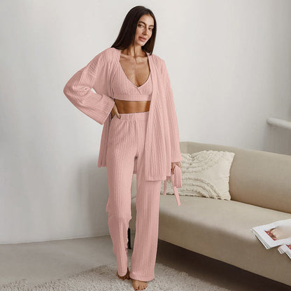 Autumn Knitted Sling Vest Pajamas Three Piece Set Cardigan Long Sleeve Pants Homewear