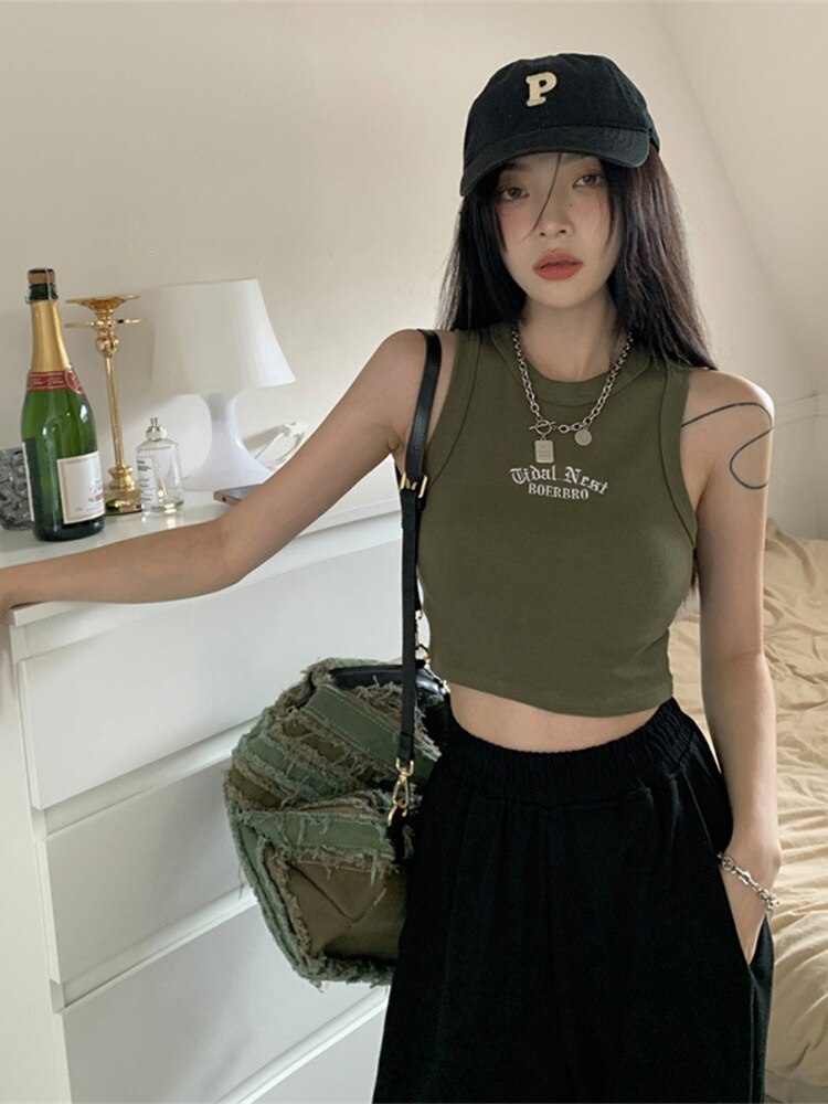 Summer Ribbed Top Letter Vest Female Y2k Crop Top Sleeveless T-shirt Short Sport Tops Korean Tank Top