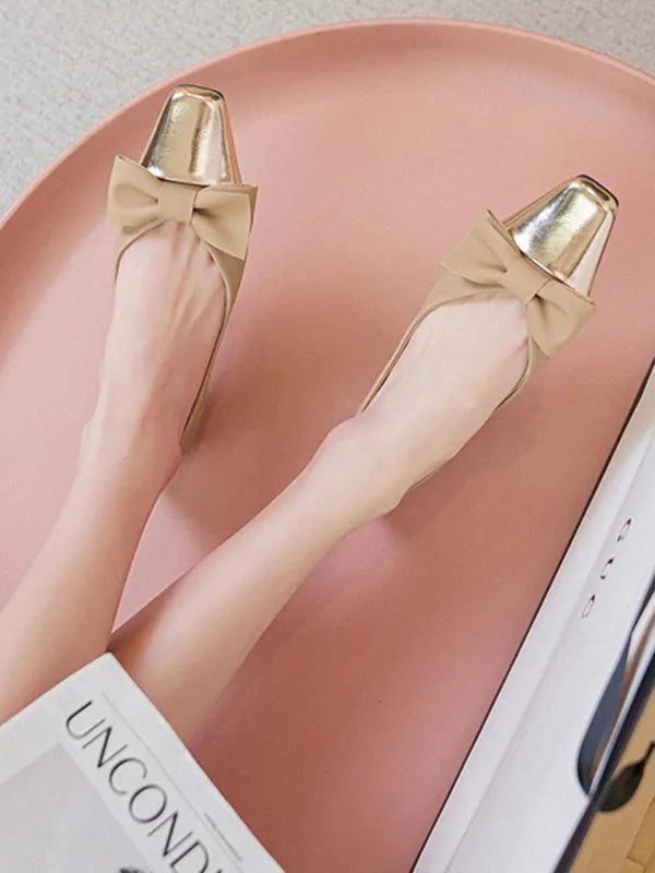 Bowknot Contrast Color Shallow Cut Split-joint Square-toe Flats