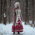 Vintage Floral & Skeleton Art Women's Knit Hooded Maxi Dress artswardrobe