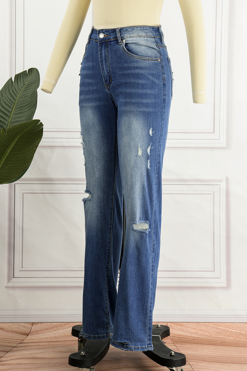 Street Patchwork Ripped Straight Denim Jeans(4 Colors)