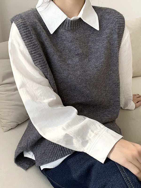 High-low Loose Color Split-joint Split-side Round-neck Knitwear Vest Top