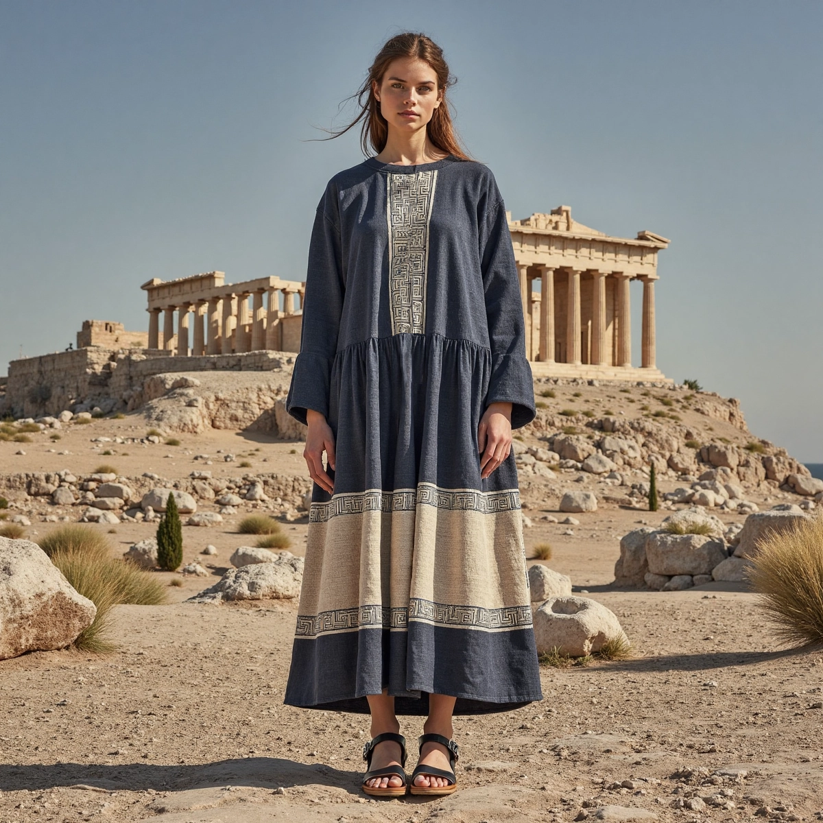 Retro Classic Greek Ethnic Graphics Crew Neck Linen Dress artswardrobe