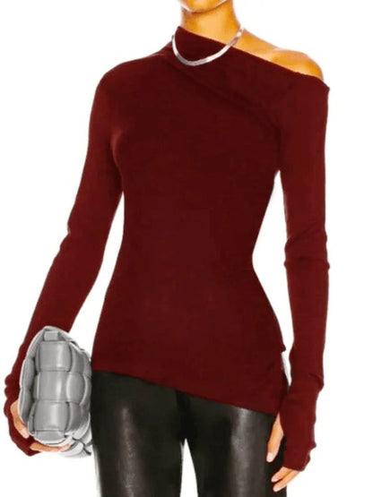 Stylish Color One-shoulder Long Sleeves T-shirt Top
