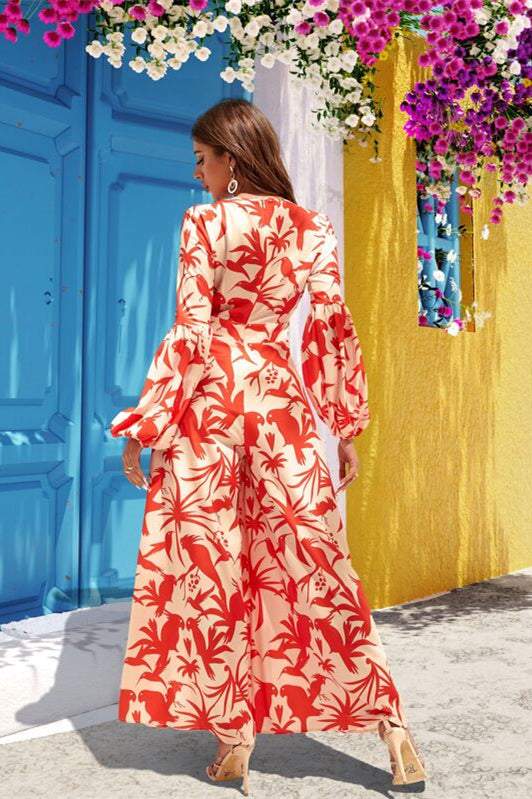 Printed Long Sleeve V-neck Wide Leg Pants Suit