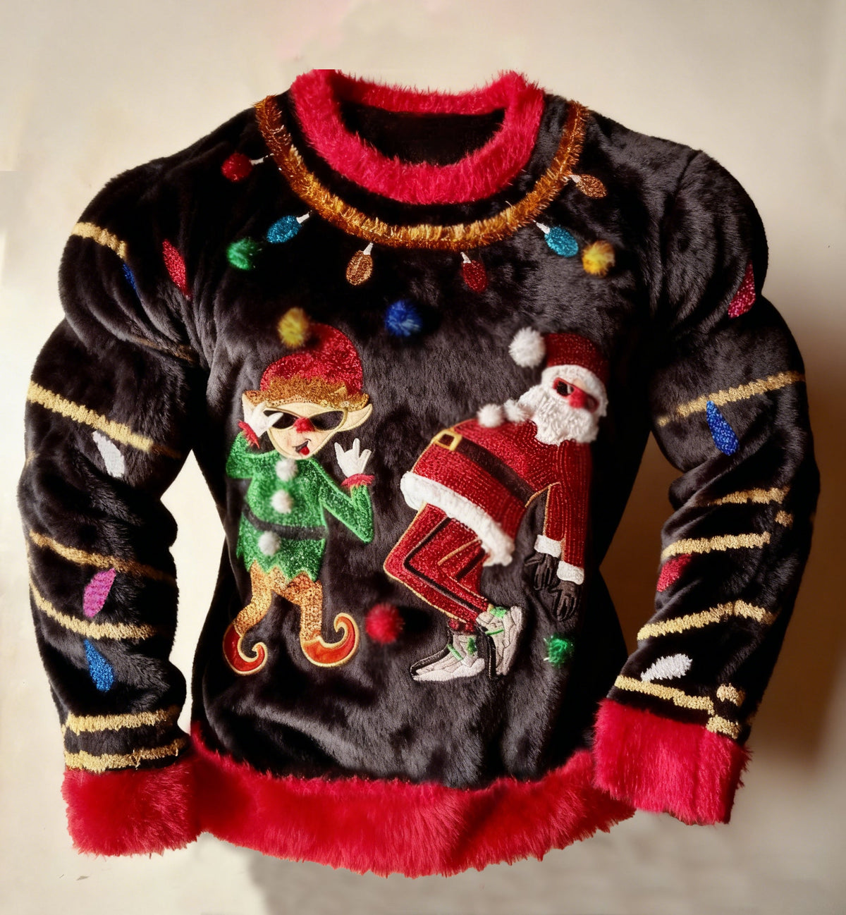 Comstylish Men's Fun Mischievous Elves And Santa Claus Crew Neck Plush Sweatshirt