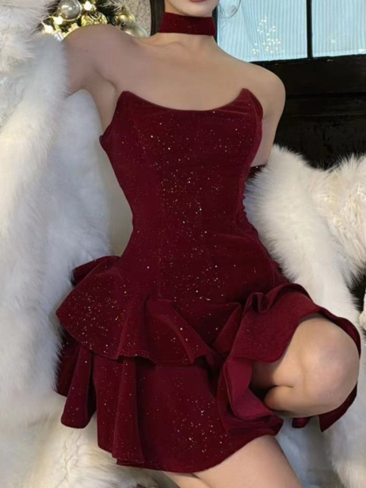 Y2k Velvet Mini Dress Strapless With Choker Bodycon Layered Ruffles A-line Birthday Evening Party Prom Robe Vestidos