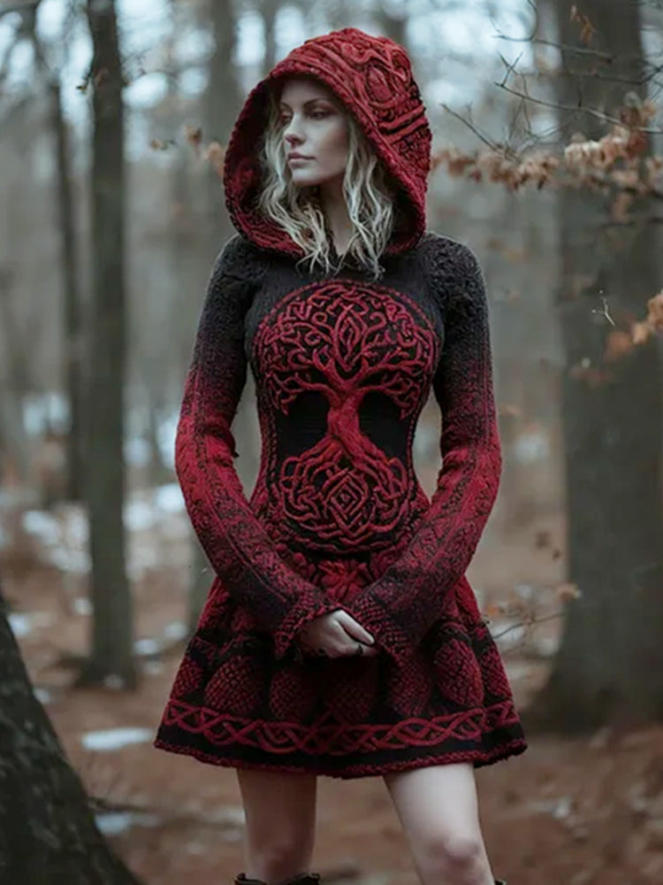 Women's Viking Style Tree Of Life Thick Needle Gradient Hooded Dress artswardrobe