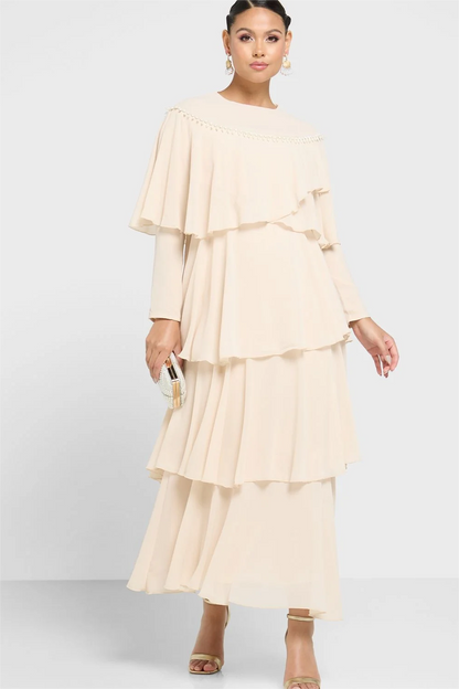 Long Sleeve Crew Collar Layered Maxi Dress White