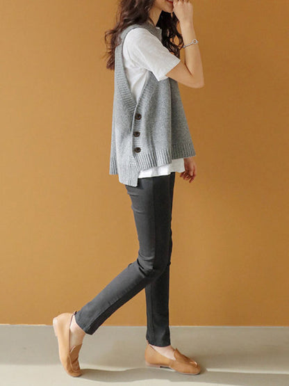 Simple Sleeveless Loose Buttoned Color Round-neck Sweater Vest Outerwear