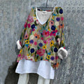 Women‘s Floral Art V Neck Linen Blend Shirt artswardrobe