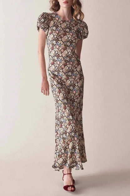 Round Neck Puff Sleeve Midi Dress