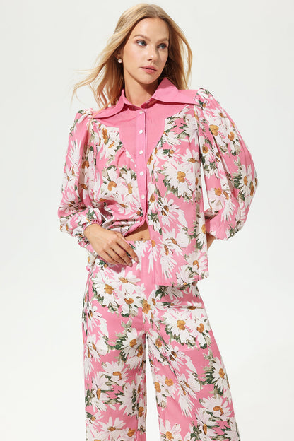 Puff Sleeve Lapel Wide Leg Pants Suit