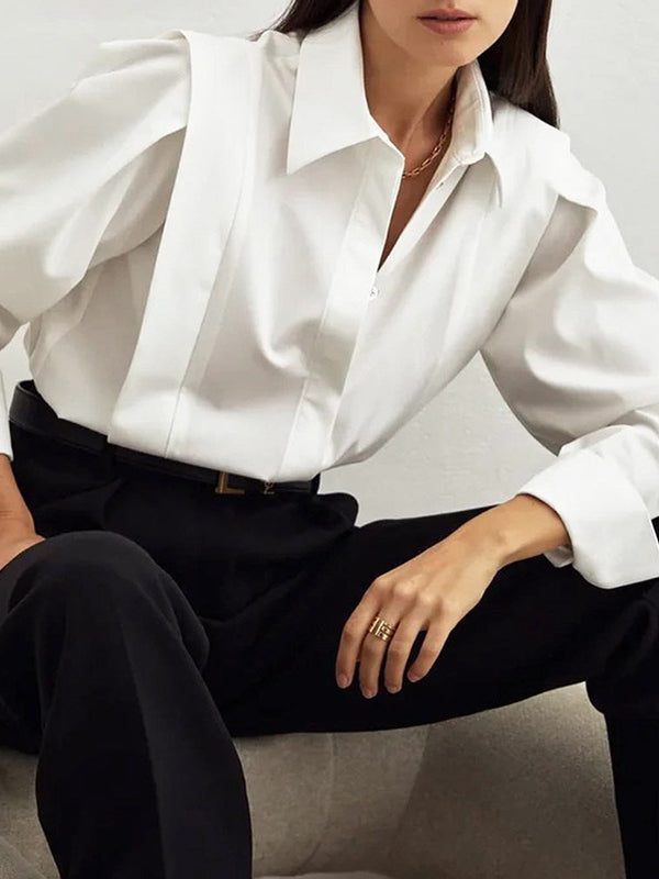 Long Sleeves Loose Buttoned Color Lapel Blouses&shirts Tops