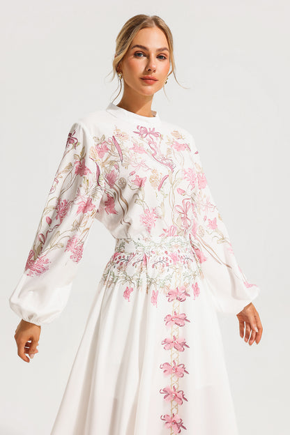 Puff Sleeve Top ?bow High Waist Maxi Skirt Set