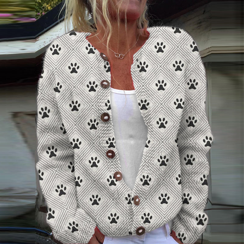 Comstylish Dog Paw Art Print Long Sleeved Knitted Cardigan