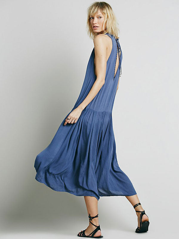 Dress Sleeveless V-neck Embroidered Gypsy Beach Vacation Teal Summer Long Tank Dress for