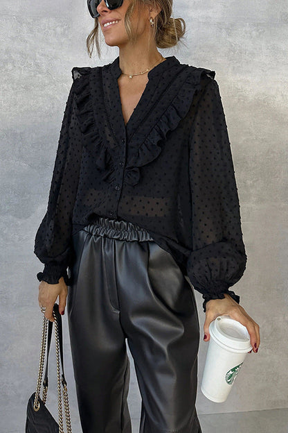 Spring Ruffled Lantern Sleeves Office Button Long Sleeve Shirt – Workwear Blouse