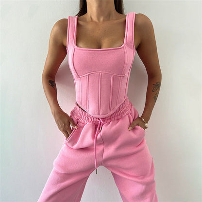 Autumn Winter Hooded Sweater Blouse Camisole Waist Pants Three Piece Set for