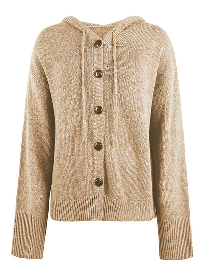 Wrap Buttoned Hooded Color Cardigan