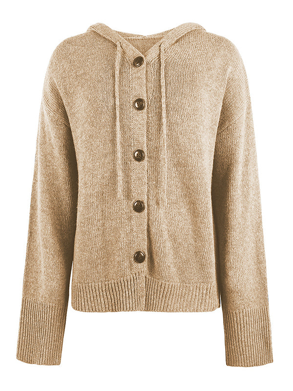 Wrap Buttoned Hooded Color Cardigan