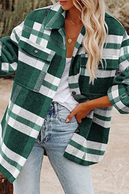 Plaid Pocket Buckle Turndown Collar Outerwear(8 Colors)