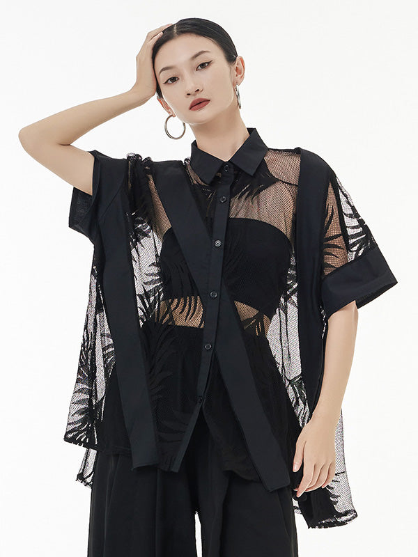 Stylish Loose Half Sleeves Buttoned Mesh Hollow See-through Blouses&shirts Tops