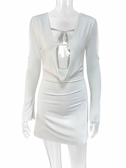 Tossy Hollow Out Lace-up Mini Dress Female Long Sleeve Bandage Backless Dress Slim Patchwork ’s Dress