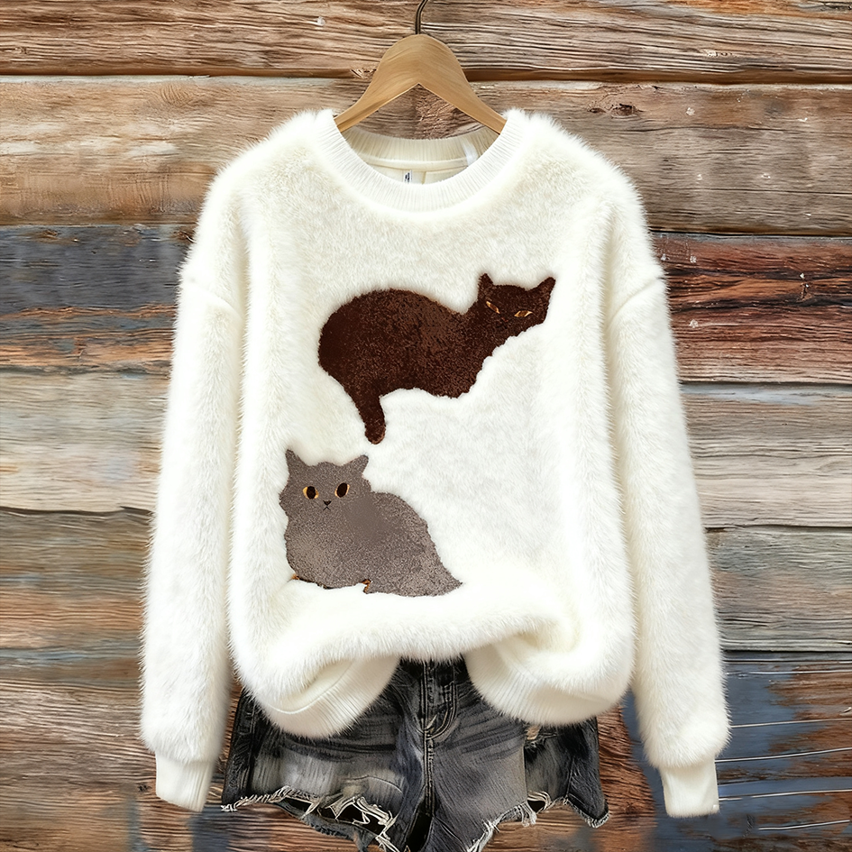 Fun Cat Pattern Women's Round Neck Flannel Sweatshirt