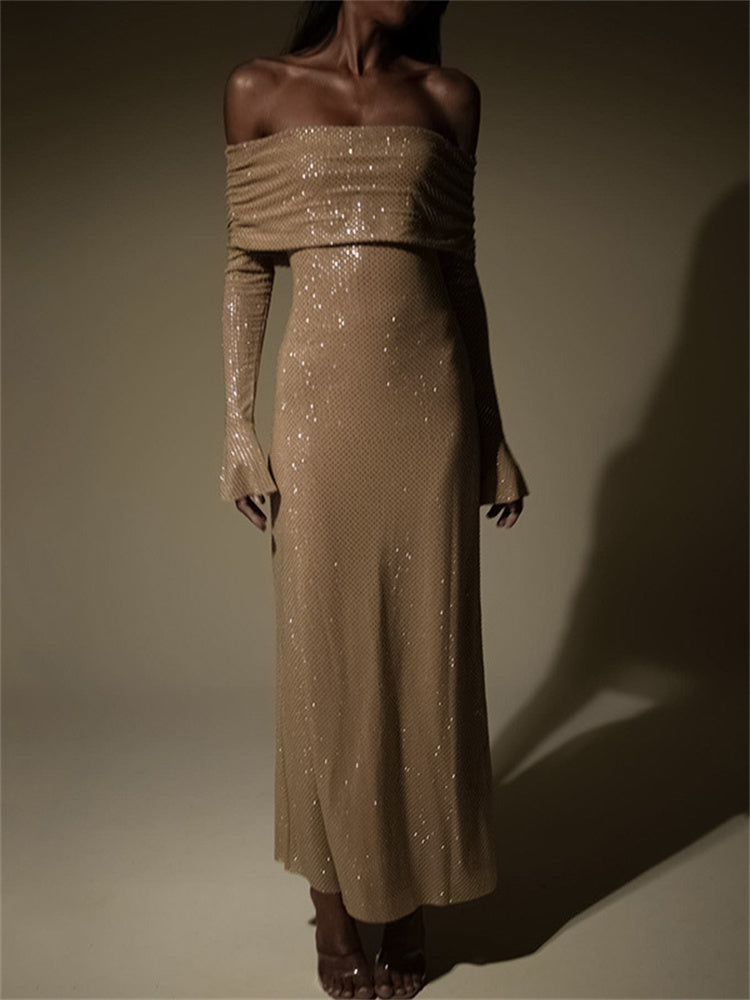 Tossy Sequin Maxi Dress Female Off-shoulder Pleated Slim Glitter Long Sleeve Backless Party Dress Gown