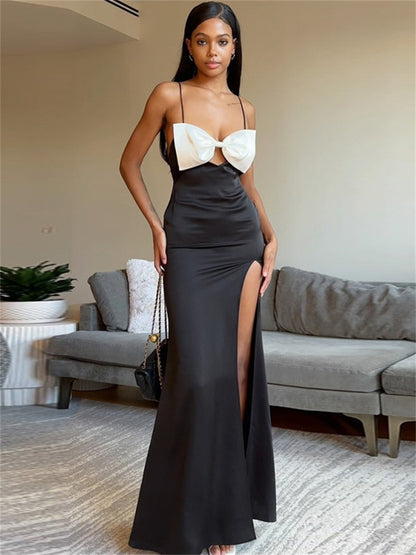Tossy Tee Bow High Split Contrast Maxi Dress Female Slim Patchwork Holiday Beach Backless Party Dress Gown Dress