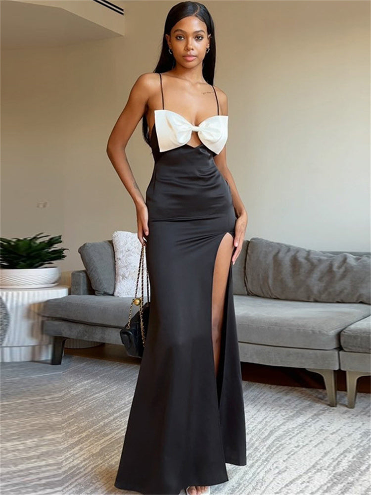 Tossy Tee Bow High Split Contrast Maxi Dress Female Slim Patchwork Holiday Beach Backless Party Dress Gown Dress