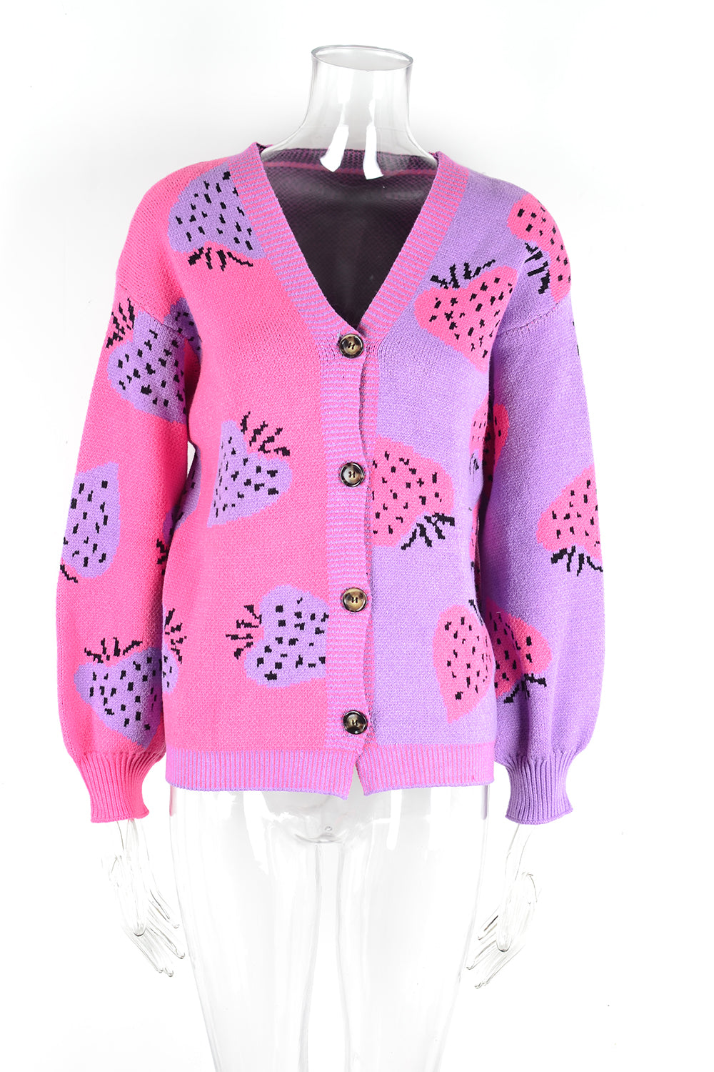 Autumn Winter ’s V-neck Strawberry Cardigan With Buttoned Coat