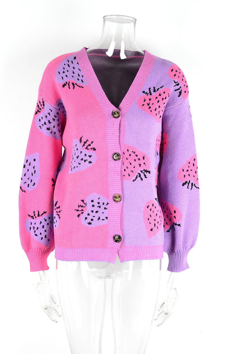 Autumn Winter ’s V-neck Strawberry Cardigan With Buttoned Coat