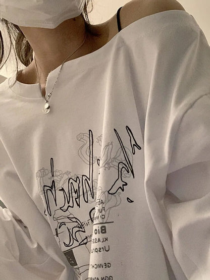 Y2k T-shirt Fairy Grunge Letter Print Tops Black Autumn Off Shoulder Long Sleeved Korean Tees Loose Harajuku Shirt