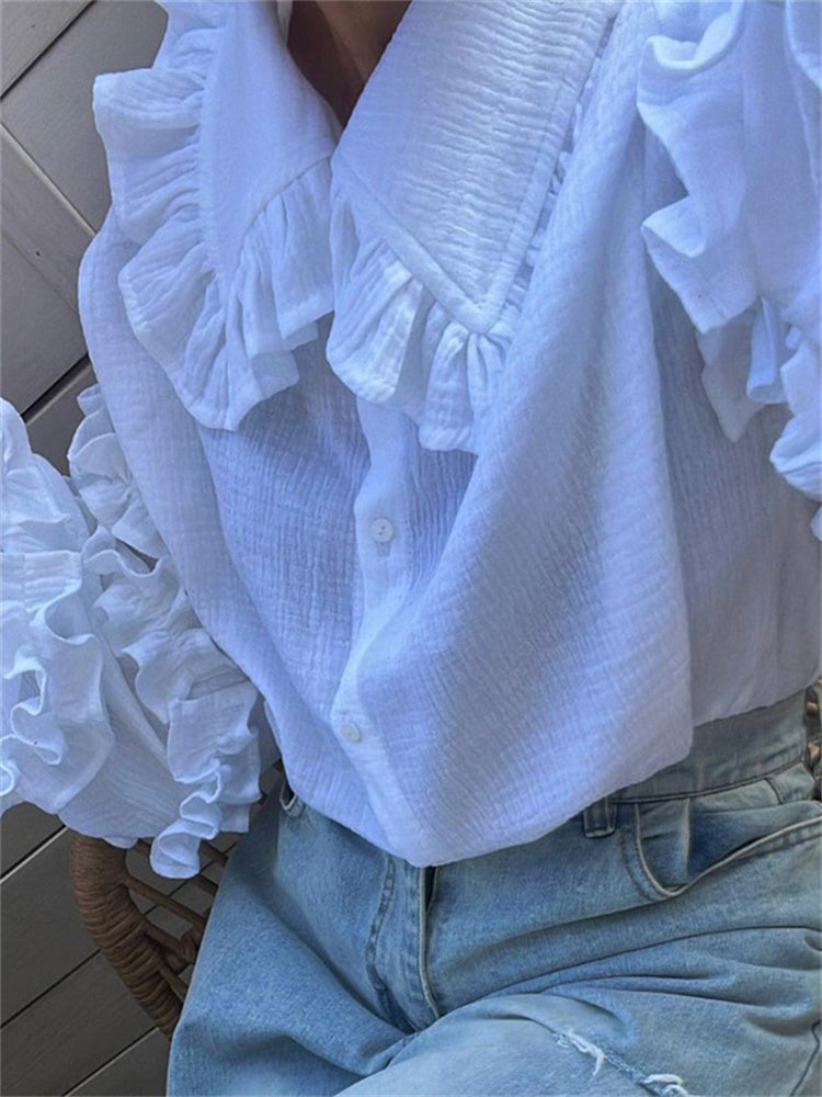 Tossy White Ruffled Shirts for Patchwork Cardigan Lapel Long Sleeve Outwear Slim Shirts New